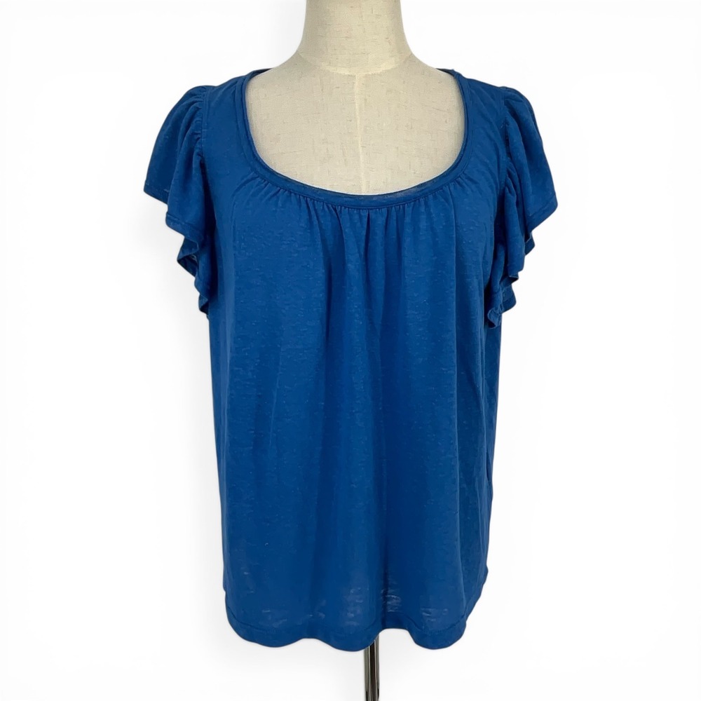 Max Studio London Blue Linen Blend Ruffle Flutter Sleeve Top 4702N78 Large